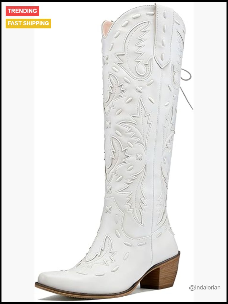 Knee High Cowgirl Boots Lace Up Snip Toe Wide Calf Chunky Heel